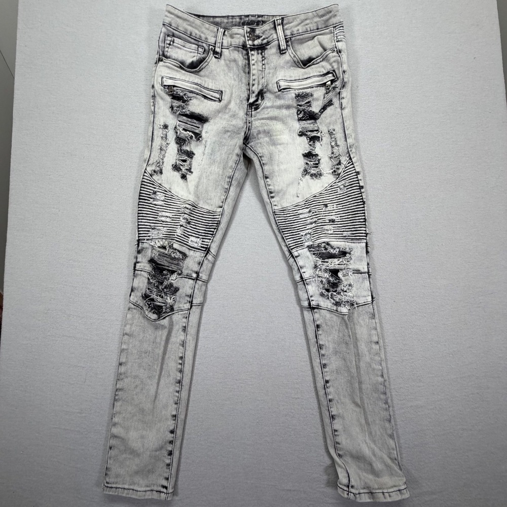 Rue21 Skinny Jeans Mens 32x32 Good Gray Distressed Moto Supreme Flex Biker Denim
